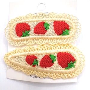 Set of Embroidered Red Strawberry Snap Clip Barrettes New